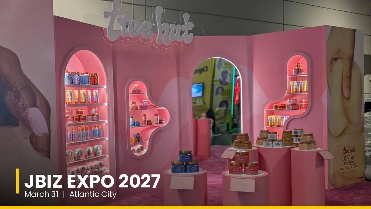 Custom pink retail trade show booth built by SET Exhibits, JBIZ Expo 2027 booth guide