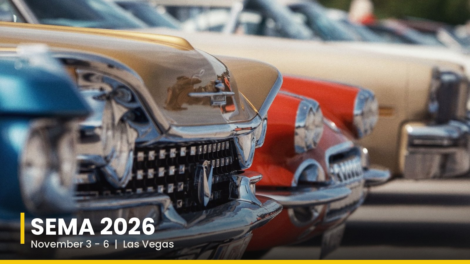 Row of classic cars with chrome bumpers, SEMA Show 2026 booth guide